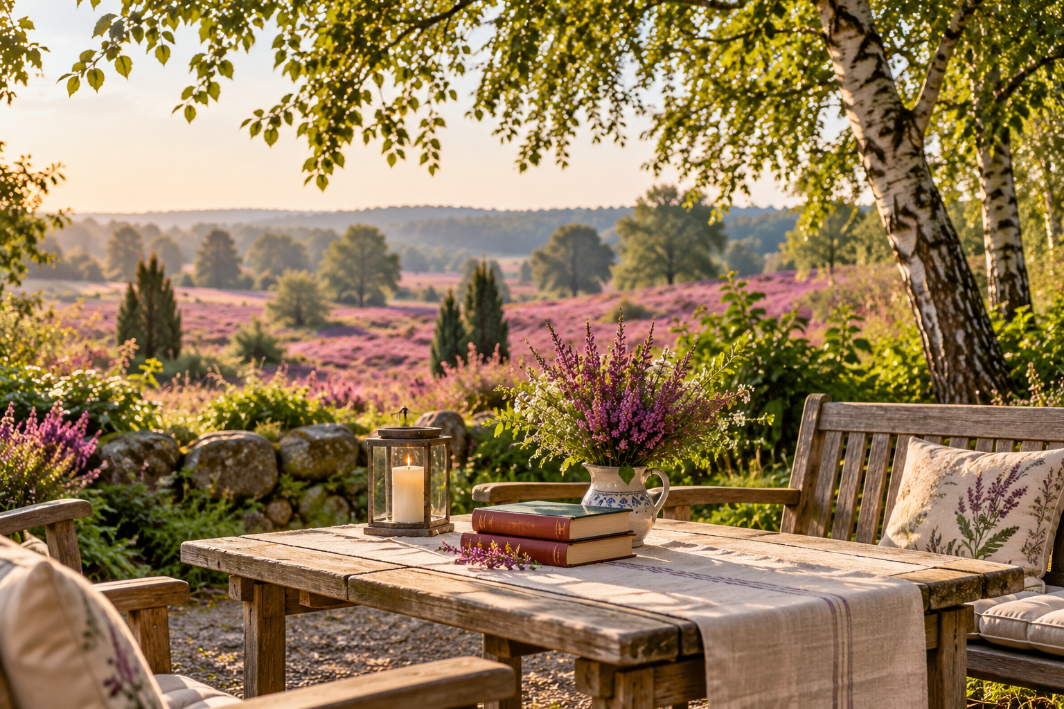 Peaceful Garden Table Among Heather